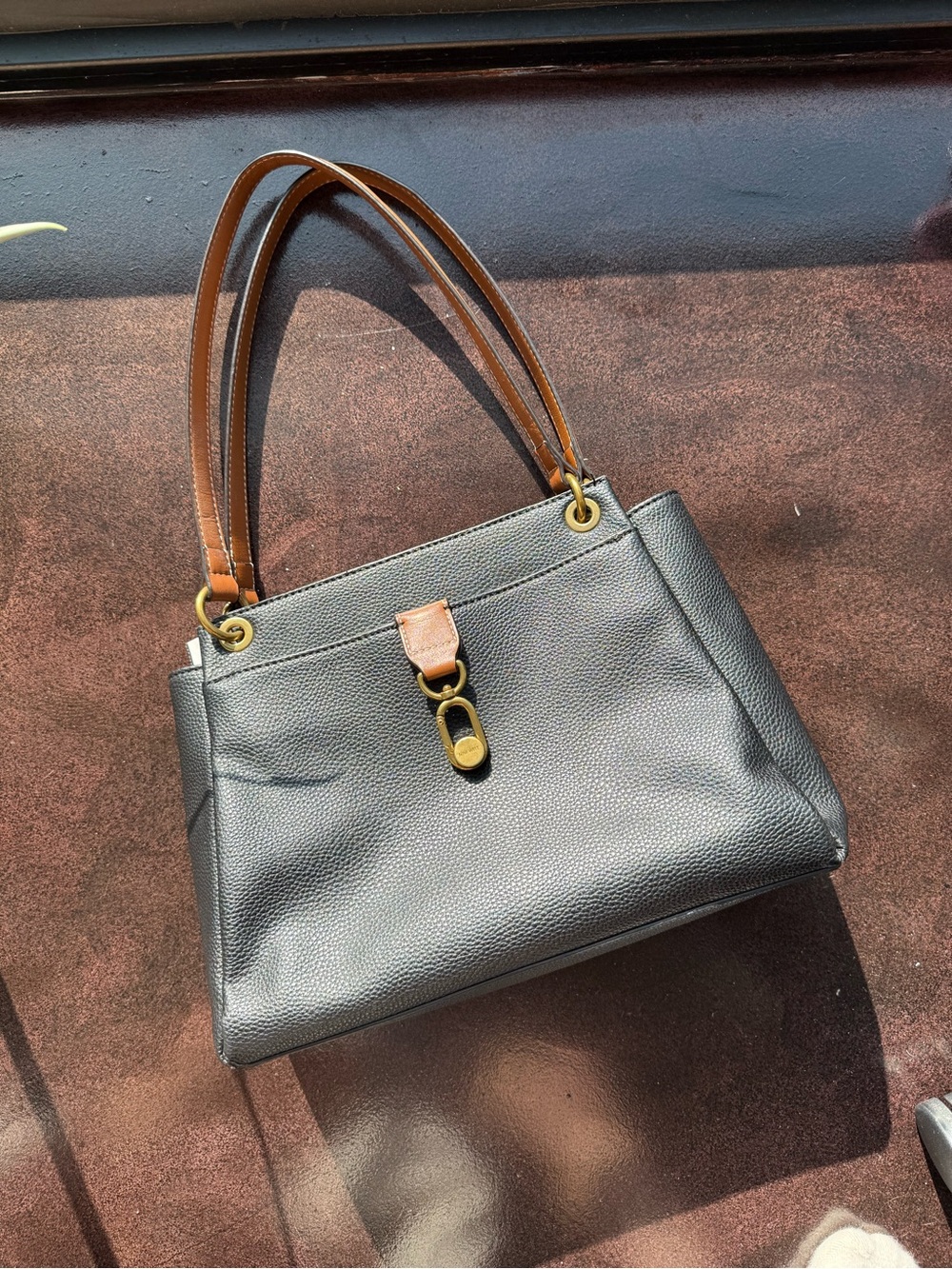 Classic Black Leather Tote with Brown Straps